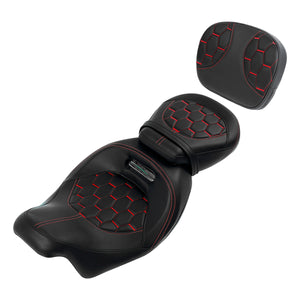 C.C. RIDER Touring Seat Two Piece Low Profile Driver Passenger Seat With Backrest For Road Glide Street Glide Road King, Black Red, 2009-2023