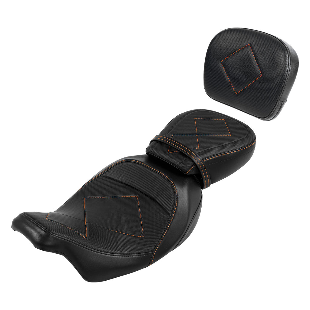 C.C. RIDER Touring Seat Two Piece Low Profile Driver Passenger Seat With Backrest For Road Glide Street Glide Road King, Black Orange, 2009-2023