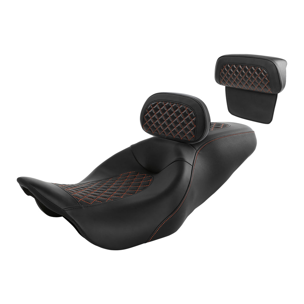 C.C. RIDER Touring Seat Driver Passenger Seat With Backrest For Harley Touring Street Glide Road Glide Electra Glide, Black Orange, 2008-2023