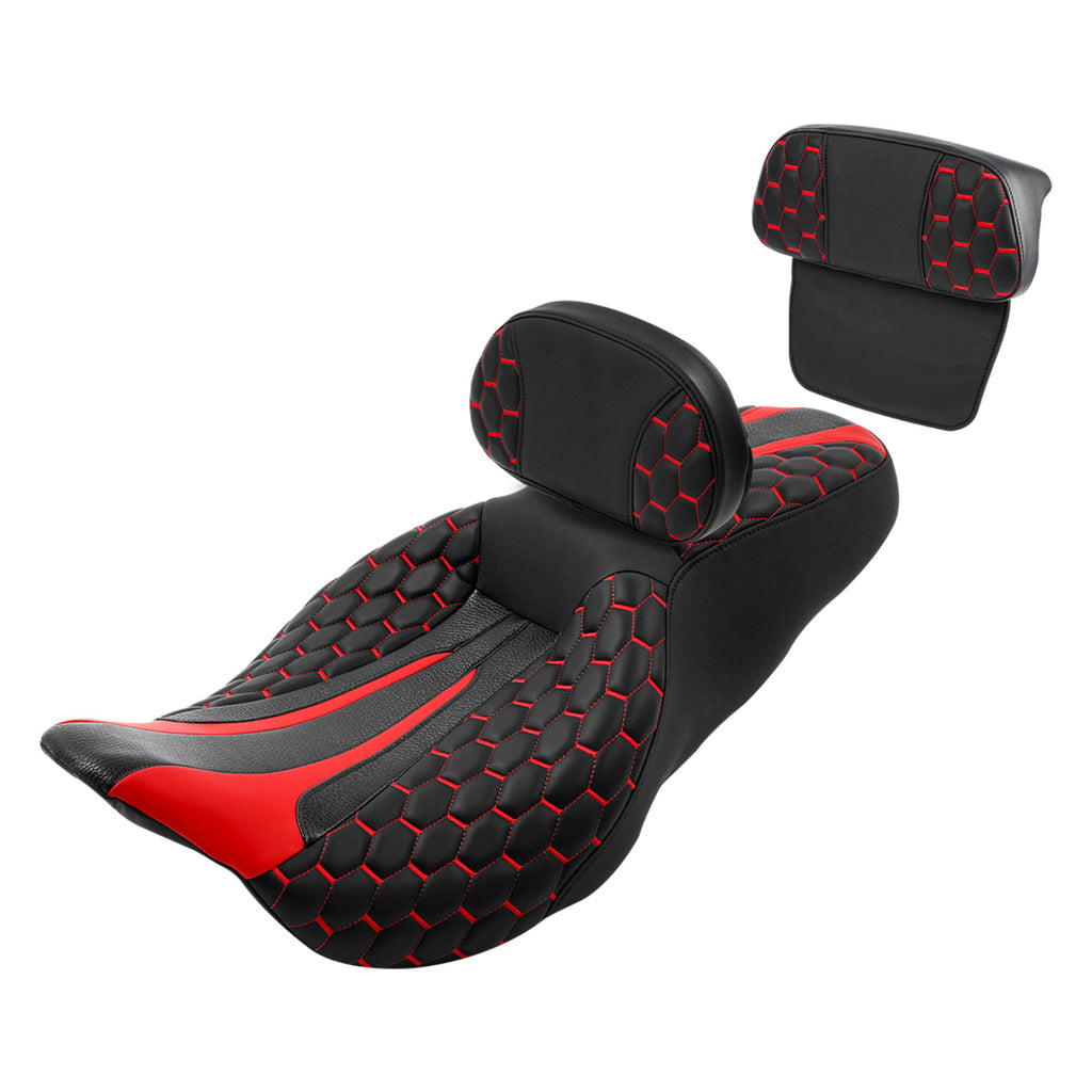C.C. RIDER Touring Seat Driver Passenger Seat With Backrest For Harley Touring Street Glide Road Glide Electra Glide, Black Red, 2008-2023