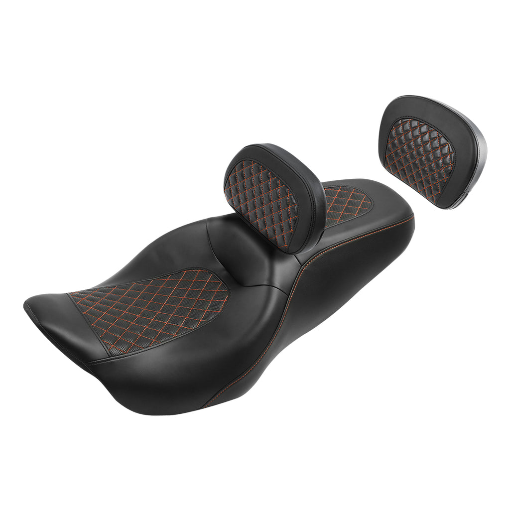 C.C. RIDER Touring Seat Driver Passenger Seat With Backrest For Harley Touring Street Glide Road Glide Electra Glide, Black Orange, 2008-2023