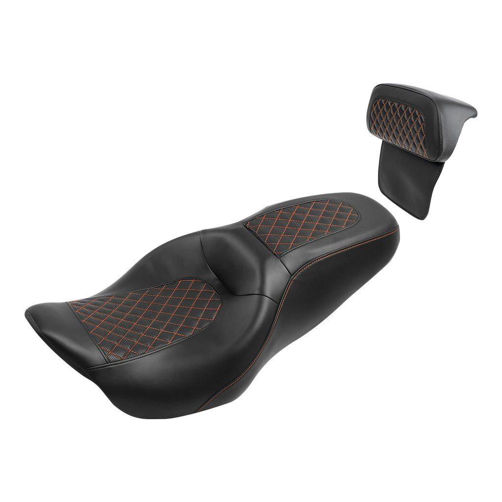 C.C. RIDER Touring Seat Driver Passenger Seat With Backrest For Harley Touring Street Glide Road Glide Electra Glide, Black Orange, 2008-2023
