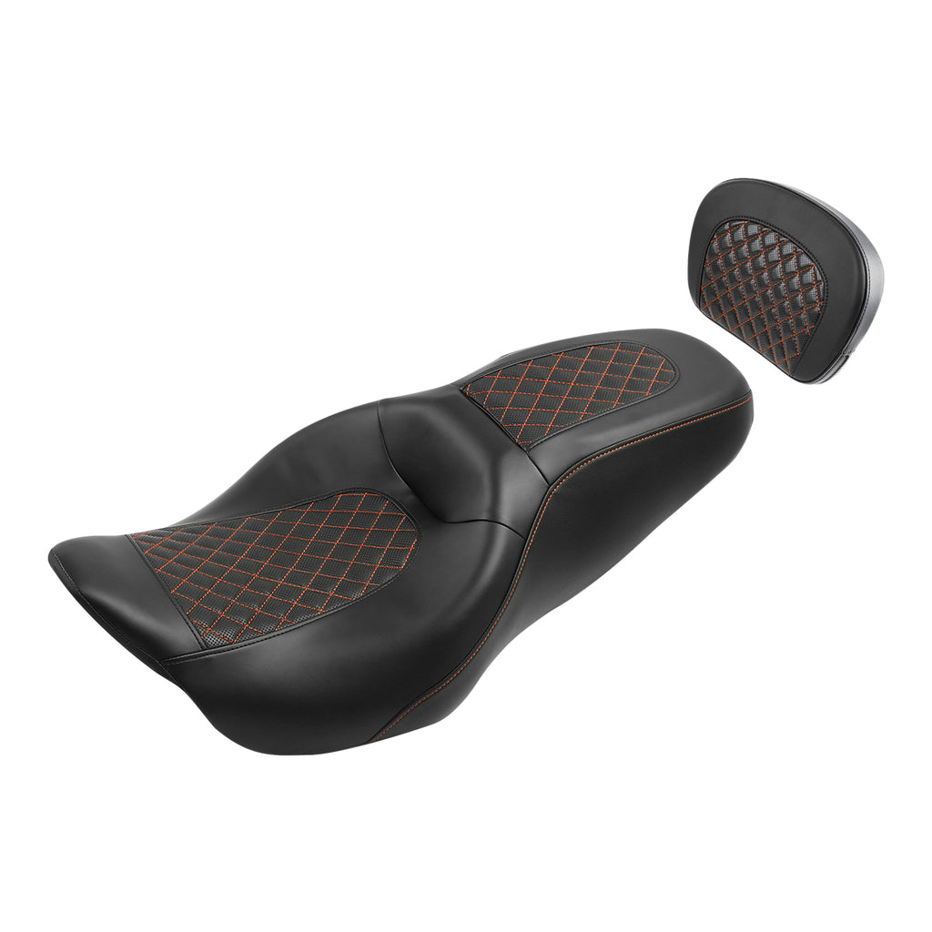 C.C. RIDER Touring Seat Driver Passenger Seat With Backrest For Harley Touring Street Glide Road Glide Electra Glide, Black Orange, 2008-2023