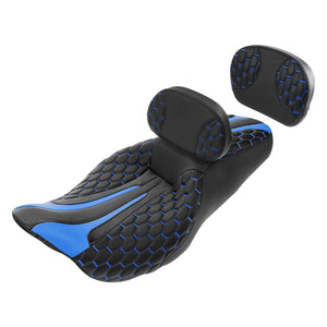 C.C. RIDER Touring Seat Driver Passenger Seat With Backrest For Harley Touring Street Glide Road Glide Electra Glide, Black Blue, 2008-2023