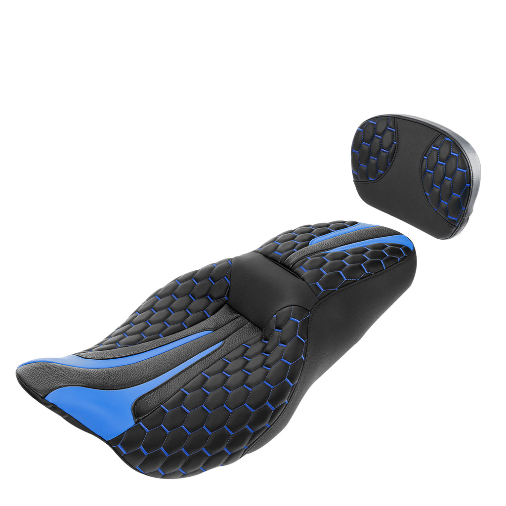 C.C. RIDER Touring Seat Driver Passenger Seat With Backrest For Harley Touring Street Glide Road Glide Electra Glide, Black Blue, 2008-2023