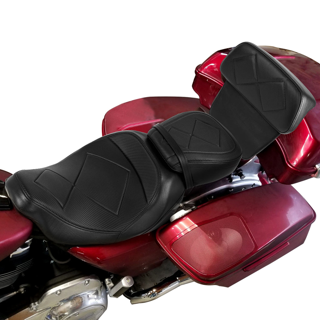 C.C. RIDER Touring Seat Two Piece Low Profile Driver Passenger Seat With Backrest For Road Glide Street Glide Road King, Black, 2009-2023