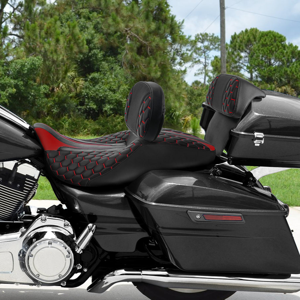 C.C. RIDER Touring Seat Driver Passenger Seat With Backrest For Harley Touring Street Glide Road Glide Electra Glide, Black Red, 2008-2023