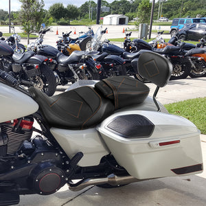 C.C. RIDER Touring Seat Two Piece Low Profile Driver Passenger Seat With Backrest For Road Glide Street Glide Road King, Black Orange, 2009-2023