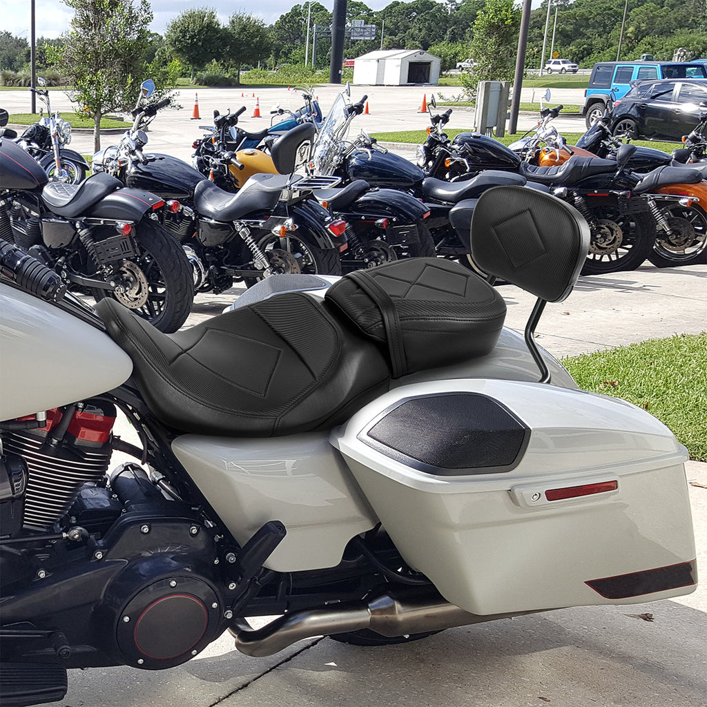 C.C. RIDER Touring Seat Two Piece Low Profile Driver Passenger Seat With Backrest For Road Glide Street Glide Road King, Black, 2009-2023