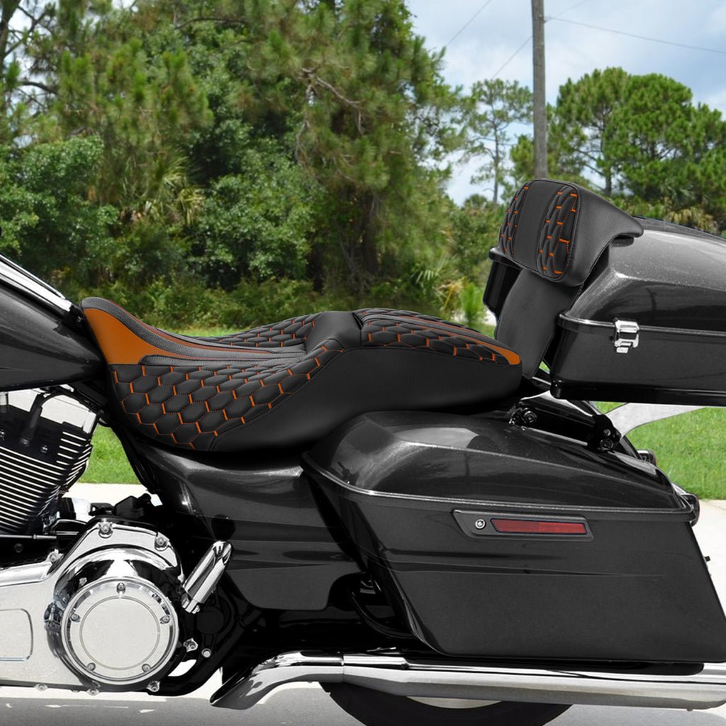 C.C. RIDER Touring Seat Driver Passenger Seat With Backrest For Harley Touring Street Glide Road Glide Electra Glide, Black Orange, 2008-2023