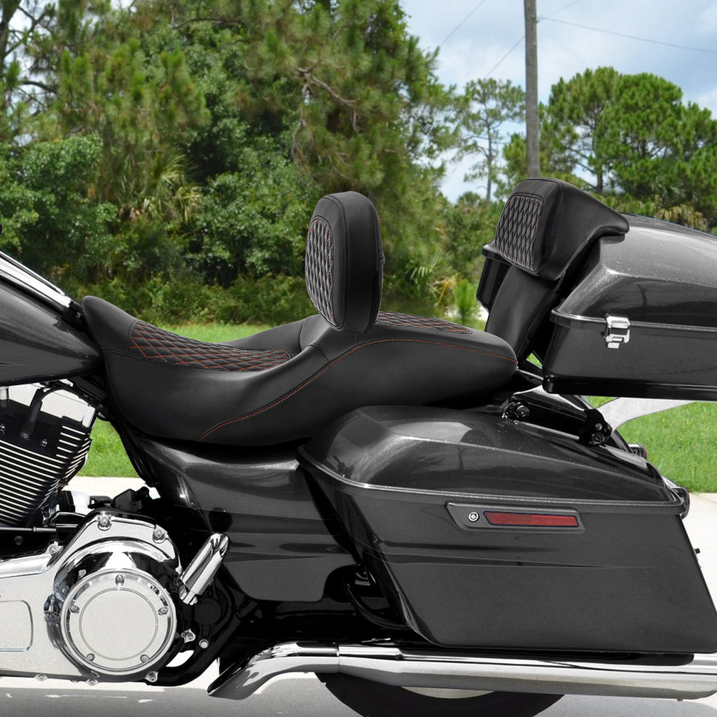 C.C. RIDER Touring Seat Driver Passenger Seat With Backrest For Harley Touring Street Glide Road Glide Electra Glide, Black Orange, 2008-2023