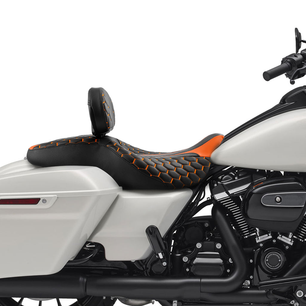 C.C. RIDER Touring Seat Driver Passenger Seat With Backrest For Harley Touring Street Glide Road Glide Electra Glide, Black Orange, 2008-2023