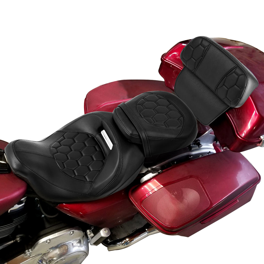 C.C. RIDER Touring Seat Two Piece Low Profile Driver Passenger Seat With Backrest For Road Glide Street Glide Road King, Black, 2009-2023