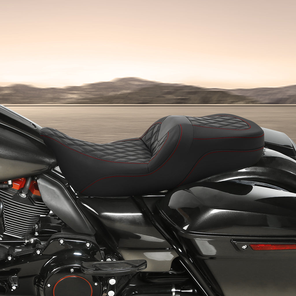 C.C. RIDER Touring Seat Driver Passenger Seat 2 Up Seat Black Red Lattice Stitching For FL Touring Road King Electra Glide Road Glide, 2009-2023