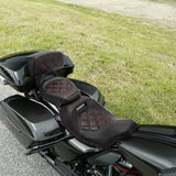 C.C. RIDER Touring Seat Two Piece Low Profile Driver Passenger Seat With Backrest For Road Glide Street Glide Road King, Black Red, 2009-2023