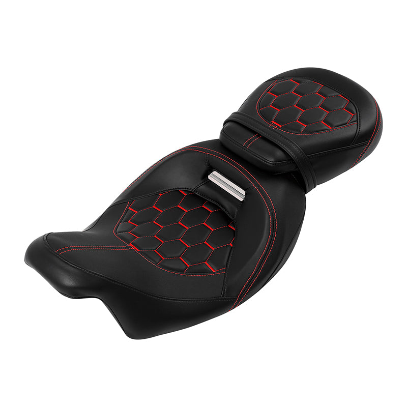 C.C. RIDER Touring Seat Two Piece Low Profile Driver Passenger Seat With Backrest For Road Glide Street Glide Road King, Black Red, 2009-2023