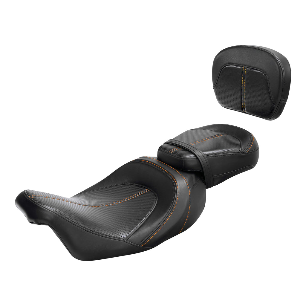 C.C. RIDER Touring Seat Two Piece Low Profile Driver Passenger Seat With Backrest For Road Glide Street Glide Road King, Black Orange, 2009-2023