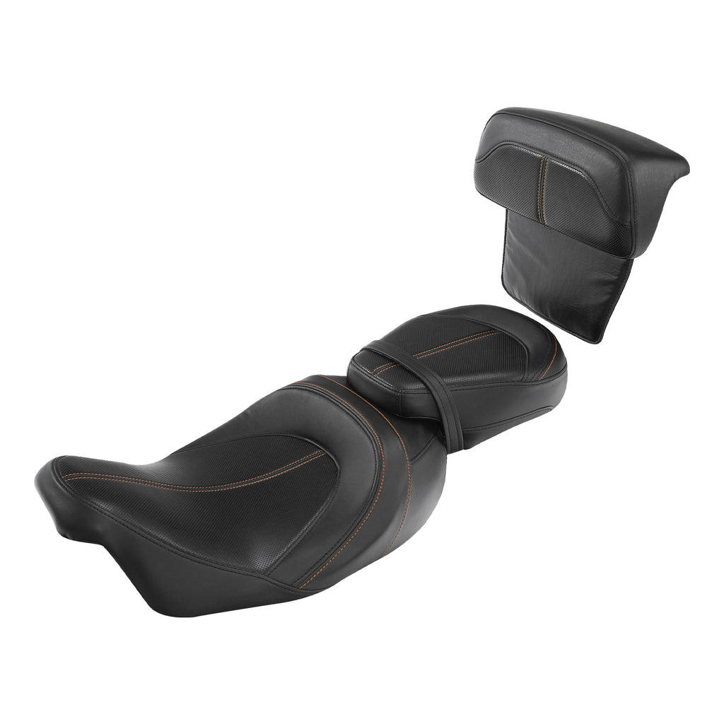 C.C. RIDER Touring Seat Two Piece Low Profile Driver Passenger Seat With Backrest For Road Glide Street Glide Road King, Black Orange, 2009-2023