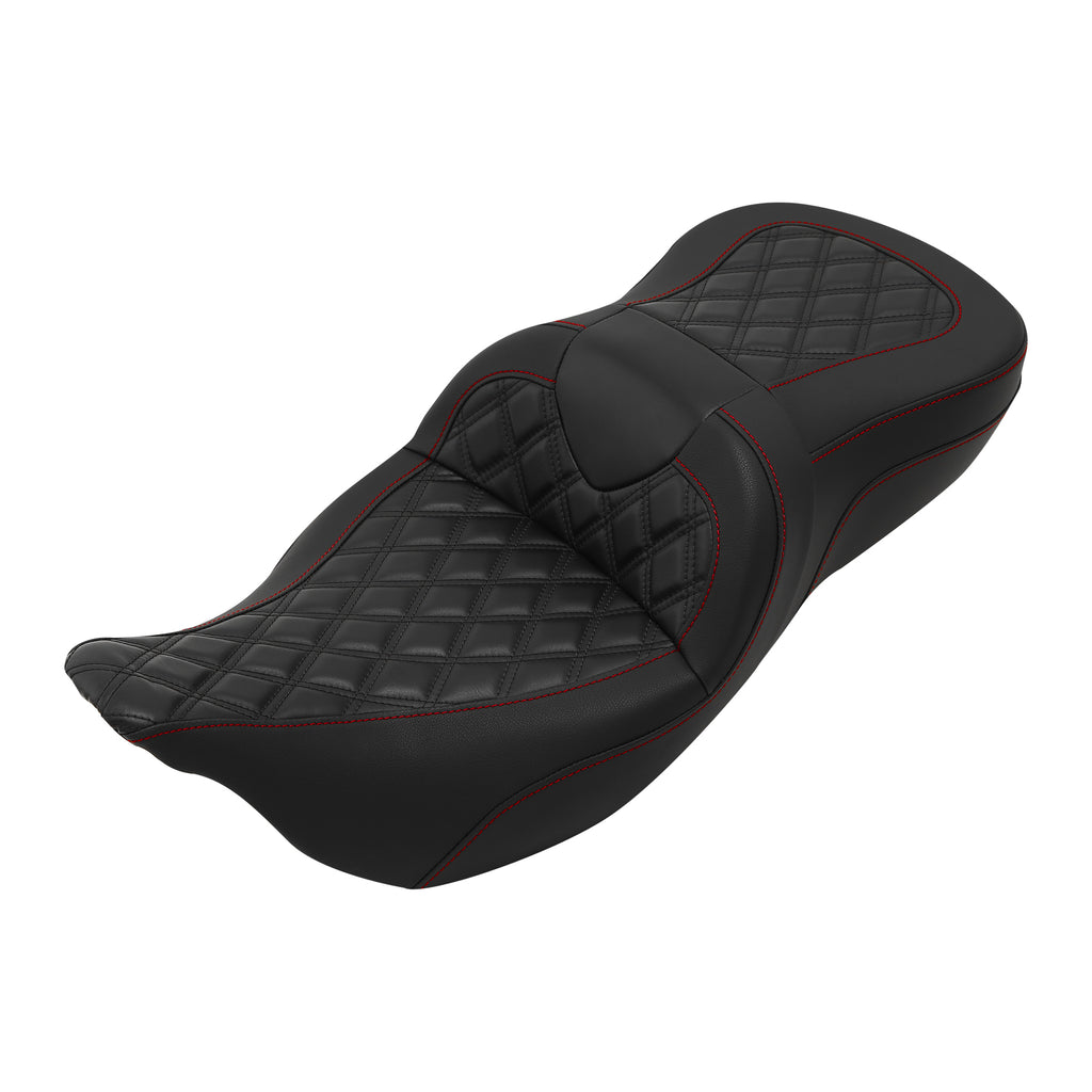 C.C. RIDER Touring Seat Driver Passenger Seat 2 Up Seat Black Red Lattice Stitching For FL Touring Road King Electra Glide Road Glide, 2009-2023