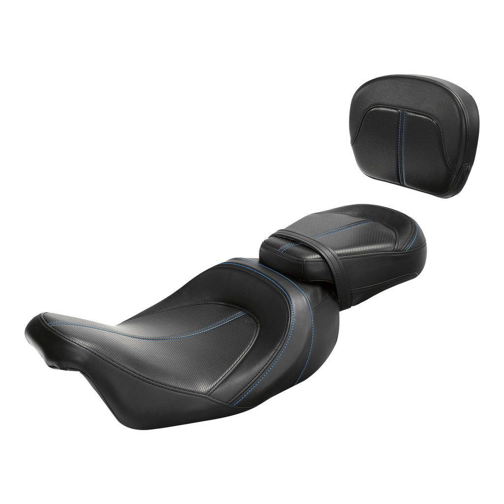 C.C. RIDER Touring Seat Two Piece Low Profile Driver Passenger Seat With Backrest For Road Glide Street Glide Road King, Black Blue, 2009-2023