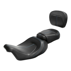 C.C. RIDER Touring Seat Two Piece Low Profile Driver Passenger Seat With Backrest For Road Glide Street Glide Road King, Black Blue, 2009-2023