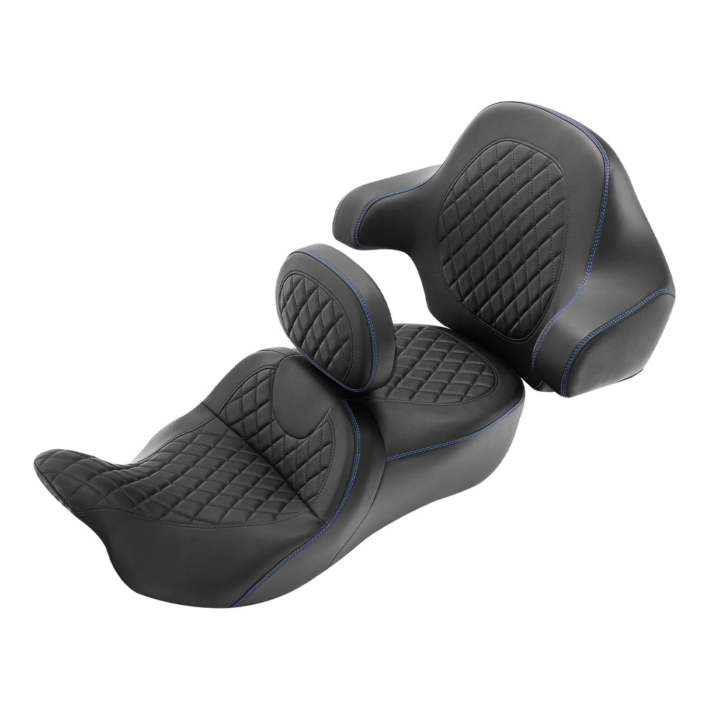 C.C. RIDER Touring Seat Driver Passenger Seat With Backrest For Harley CVO Road Glide Electra Glide Street Glide Road King, Black Blue, 2014-2023