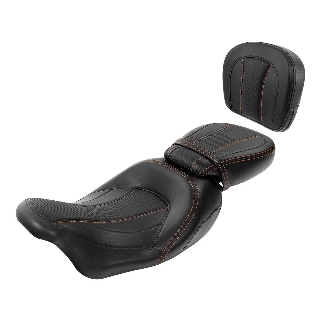 C.C. RIDER Touring Seat Two Piece Low Profile Driver Passenger Seat With Backrest For Road Glide Street Glide Road King, Black Orange, 2009-2023