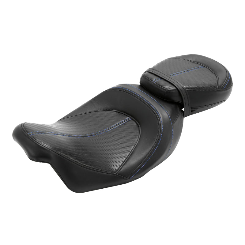C.C. RIDER Touring Seat Two Piece Low Profile Driver Passenger Seat With Backrest For Road Glide Street Glide Road King, Black Blue, 2009-2023