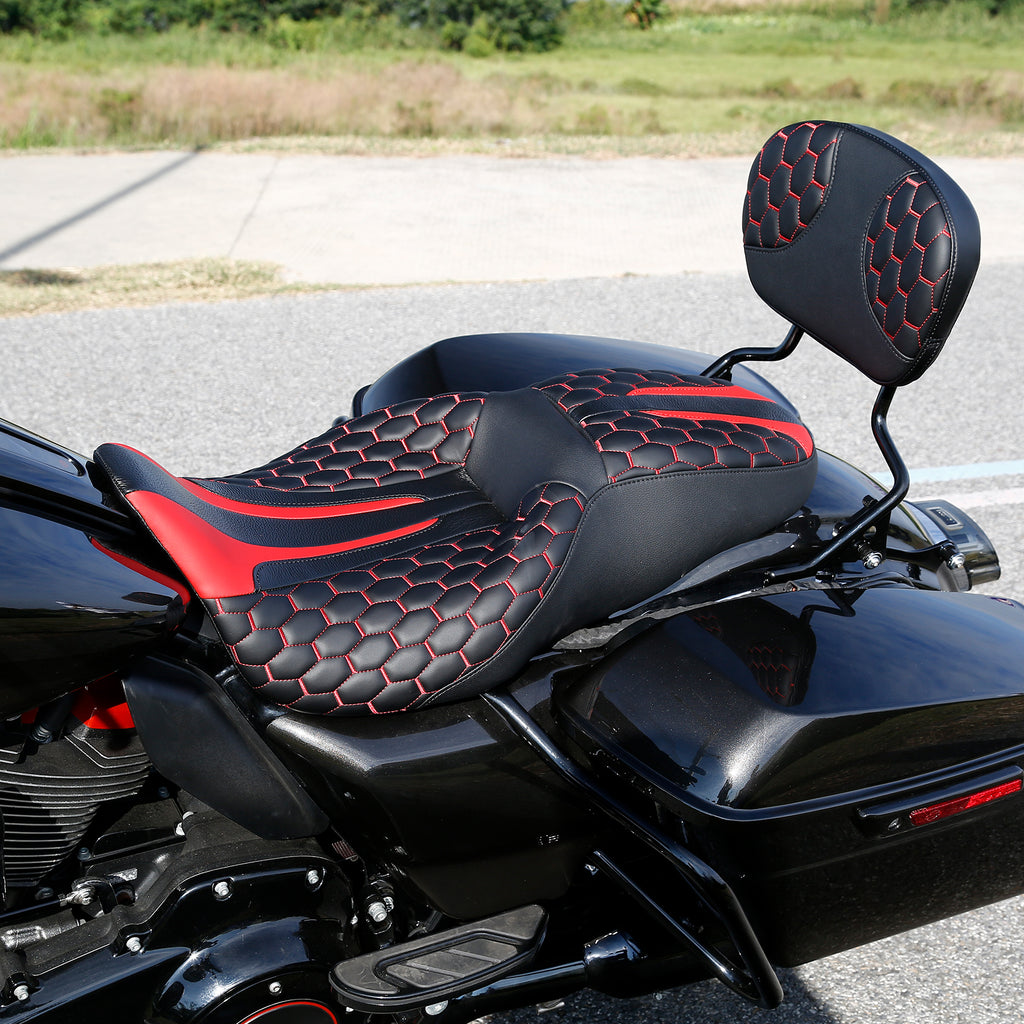 C.C. RIDER Touring Seat Driver Passenger Seat With Backrest For Harley Touring Street Glide Road Glide Electra Glide, Black Red, 2008-2023