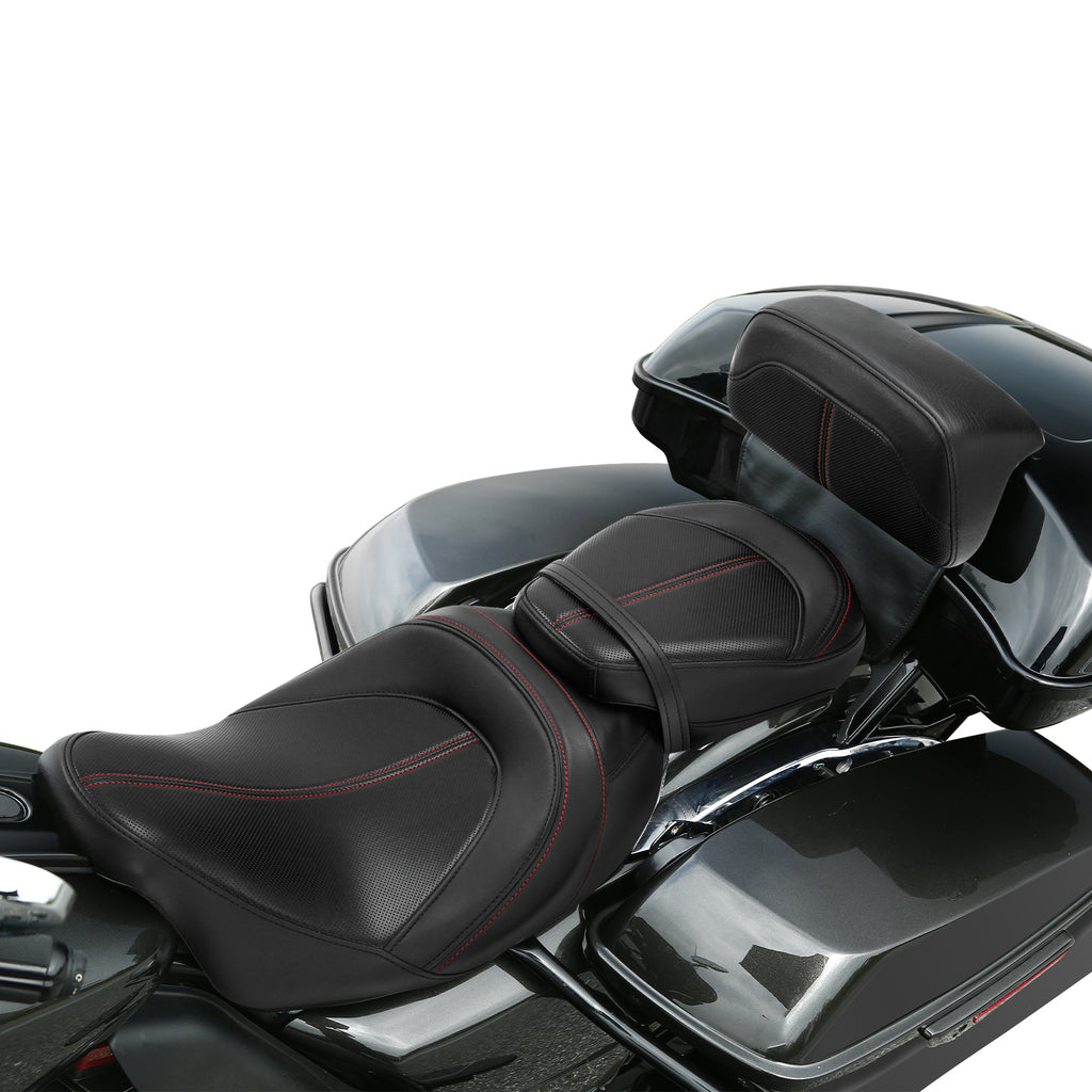 C.C. RIDER Touring Seat Two Piece Low Profile Driver Passenger Seat With Backrest For Road Glide Street Glide Road King, Black Red, 2009-2023