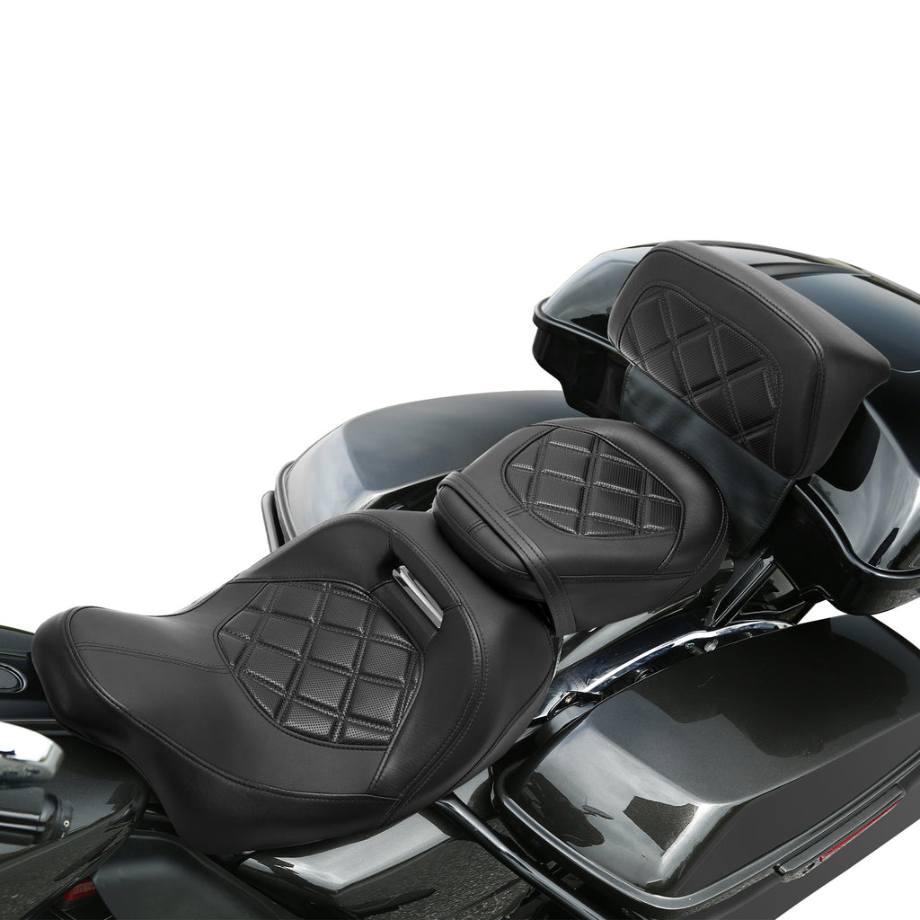 C.C. RIDER Touring Seat Two Piece Low Profile Driver Passenger Seat With Backrest For Road Glide Street Glide Road King, Black, 2009-2023
