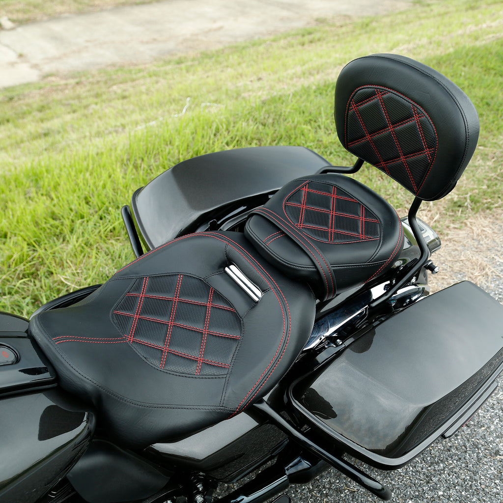 C.C. RIDER Touring Seat Two Piece Low Profile Driver Passenger Seat With Backrest For Road Glide Street Glide Road King, Black Red, 2009-2023