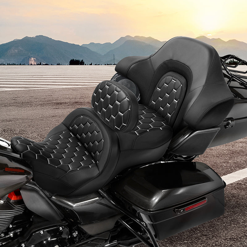 C.C. RIDER Touring Seat Driver Passenger Seat With Backrest For Harley CVO Road Glide Electra Glide Street Glide Road King, Black White, 2014-2023