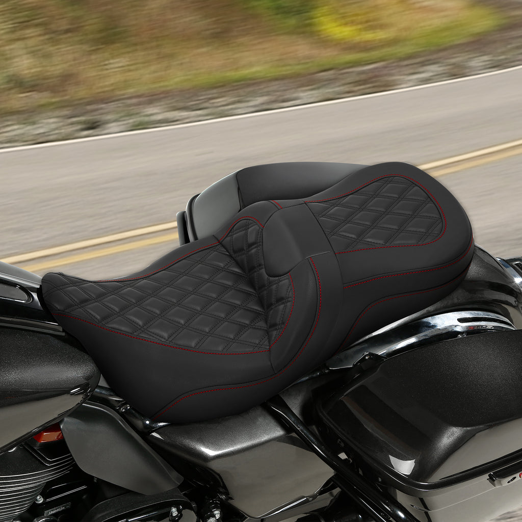 C.C. RIDER Touring Seat Driver Passenger Seat 2 Up Seat Black Red Lattice Stitching For FL Touring Road King Electra Glide Road Glide, 2009-2023