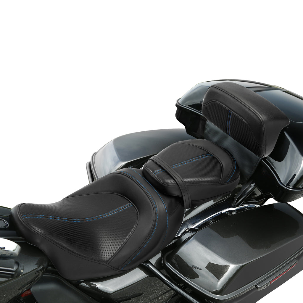 C.C. RIDER Touring Seat Two Piece Low Profile Driver Passenger Seat With Backrest For Road Glide Street Glide Road King, Black Blue, 2009-2023