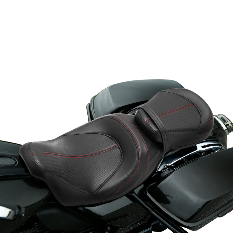 C.C. RIDER Touring Seat Two Piece Low Profile Driver Passenger Seat With Backrest For Road Glide Street Glide Road King, Black Red, 2009-2023