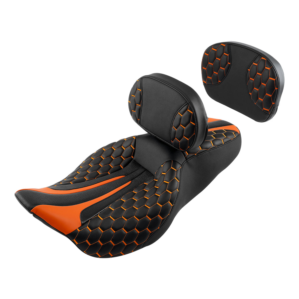 C.C. RIDER Touring Seat Driver Passenger Seat With Backrest For Harley Touring Street Glide Road Glide Electra Glide, Black Orange, 2008-2023