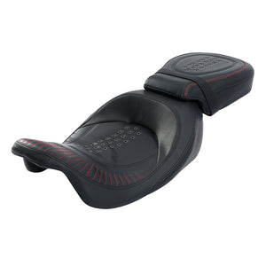 C.C. RIDER Touring Seat Two Piece 2 Up Seat Low Profile Driver Passenger Seat Studs Design Red Stitching For Road Glide Street Glide Road King, 2009-2023