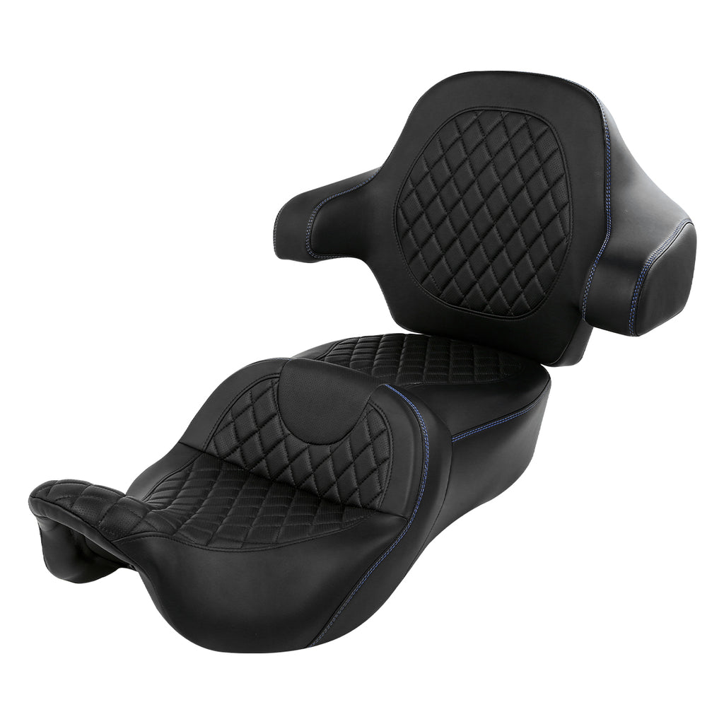 C.C. RIDER Touring Seat Driver Passenger Seat With Backrest For Harley CVO Road Glide Electra Glide Street Glide Road King, Black Blue, 2014-2023