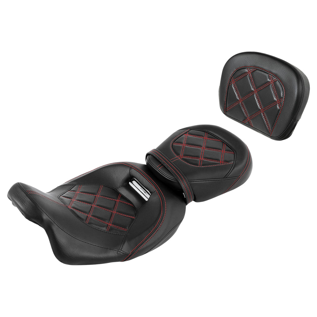 C.C. RIDER Touring Seat Two Piece Low Profile Driver Passenger Seat With Backrest For Road Glide Street Glide Road King, Black Red, 2009-2023