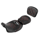 C.C. RIDER Touring Seat Two Piece Low Profile Driver Passenger Seat With Backrest For Road Glide Street Glide Road King, Black Red, 2009-2023