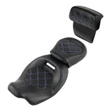 C.C. RIDER Touring Seat Two Piece Low Profile Driver Passenger Seat With Backrest For Road Glide Street Glide Road King, Black Blue, 2009-2024