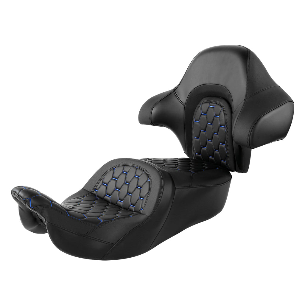 C.C. RIDER Touring Seat Driver Passenger Seat With Backrest For Harley CVO Road Glide Electra Glide Street Glide Road King, Black Blue, 2014-2023