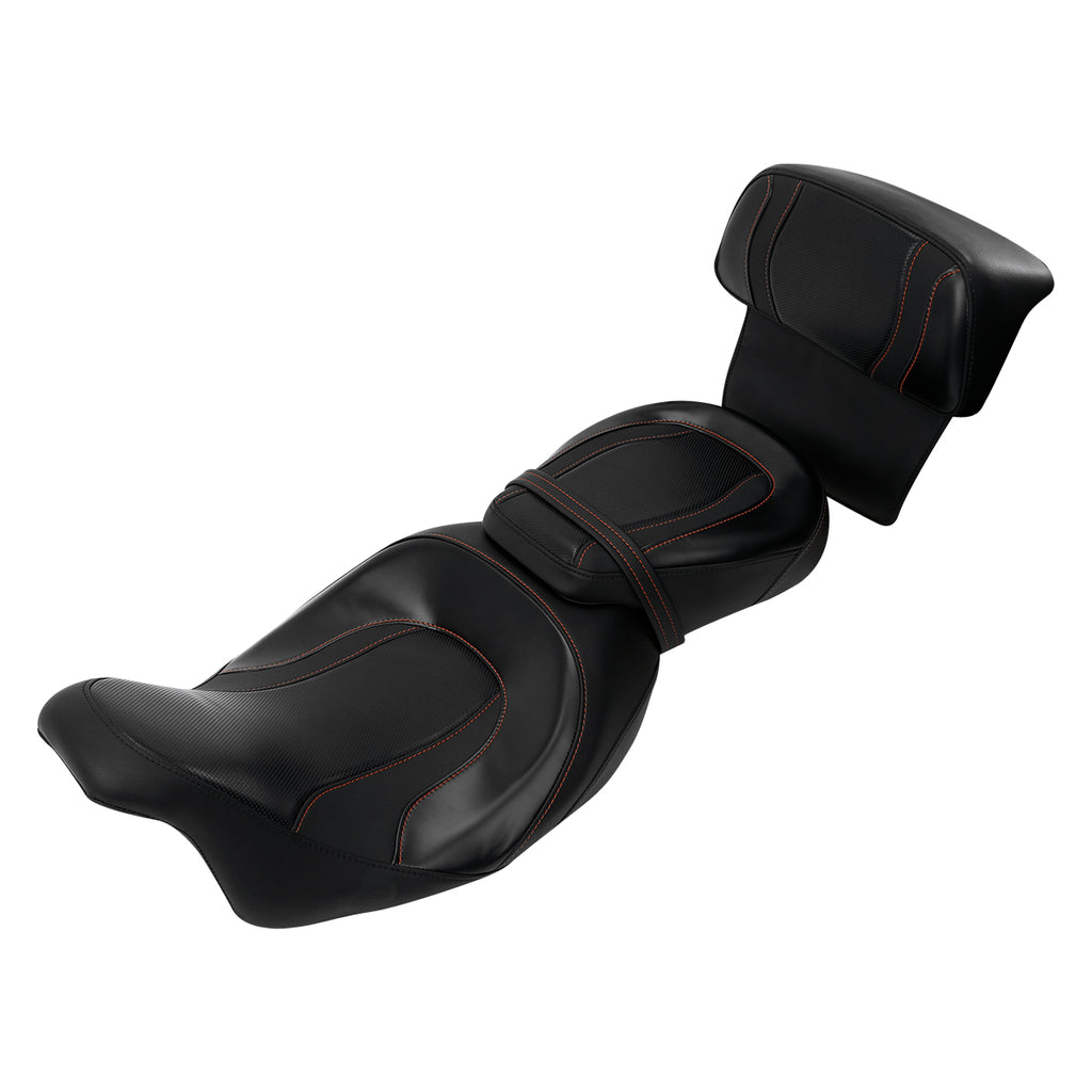 C.C. RIDER Touring Seat Two Piece Low Profile Driver Passenger Seat With Backrest For Road Glide Street Glide Road King, Black Orange, 2009-2023