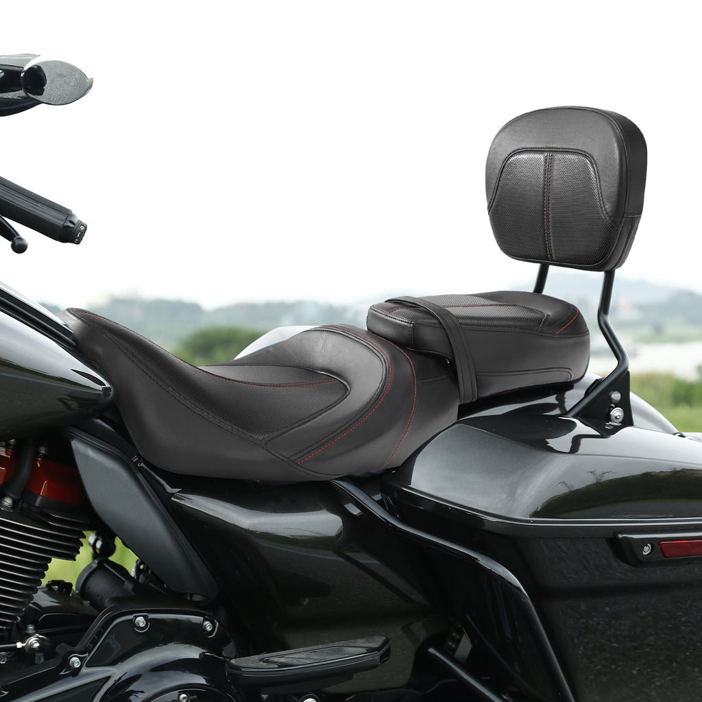 C.C. RIDER Touring Seat Two Piece Low Profile Driver Passenger Seat With Backrest For Road Glide Street Glide Road King, Black Red, 2009-2023