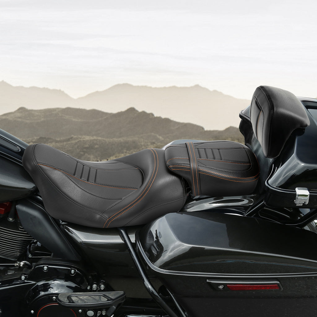 C.C. RIDER Touring Seat Two Piece Low Profile Driver Passenger Seat With Backrest For Road Glide Street Glide Road King, Black Orange, 2009-2023