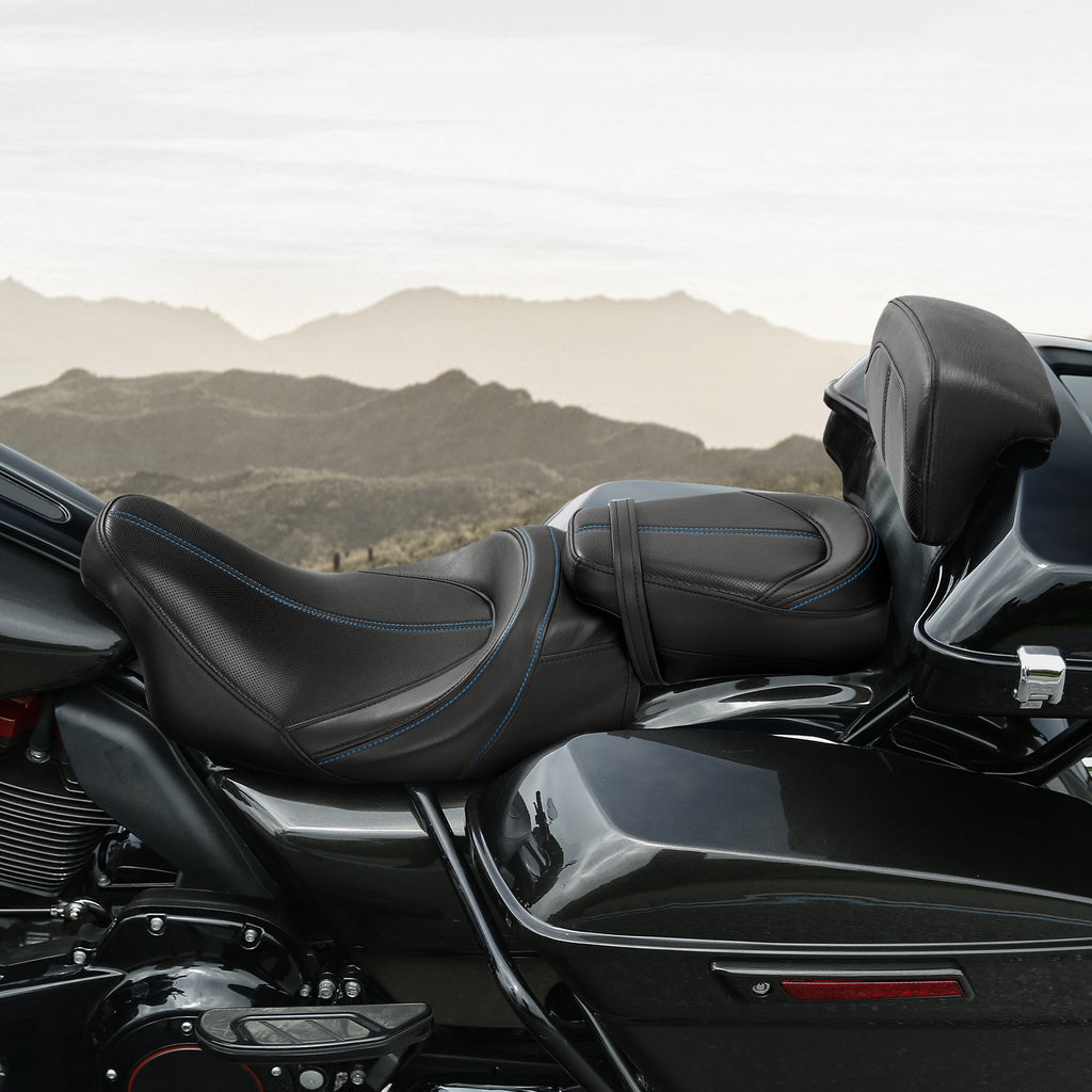 C.C. RIDER Touring Seat Two Piece Low Profile Driver Passenger Seat With Backrest For Road Glide Street Glide Road King, Black Blue, 2009-2023