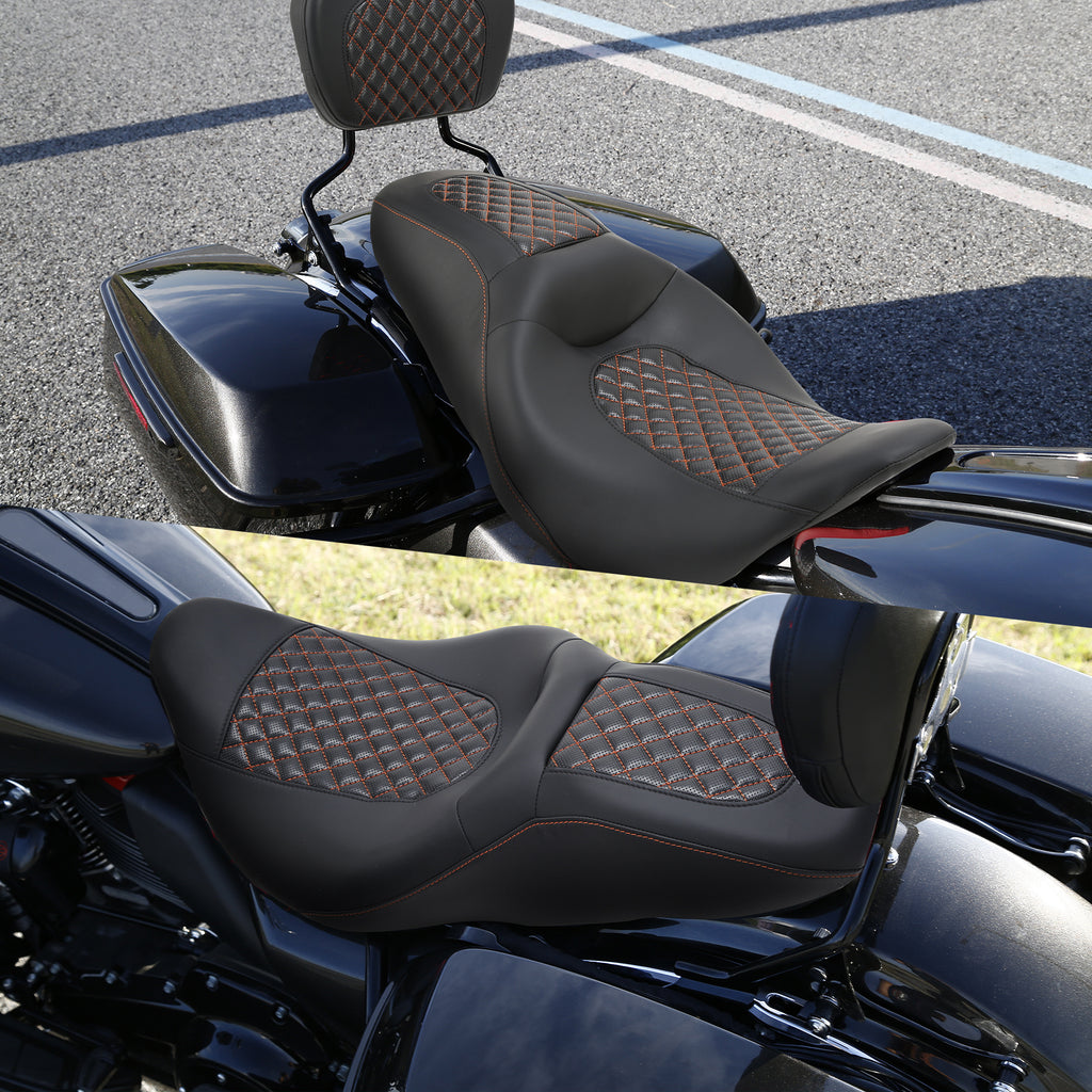 C.C. RIDER Touring Seat Driver Passenger Seat With Backrest For Harley Touring Street Glide Road Glide Electra Glide, Black Orange, 2008-2023