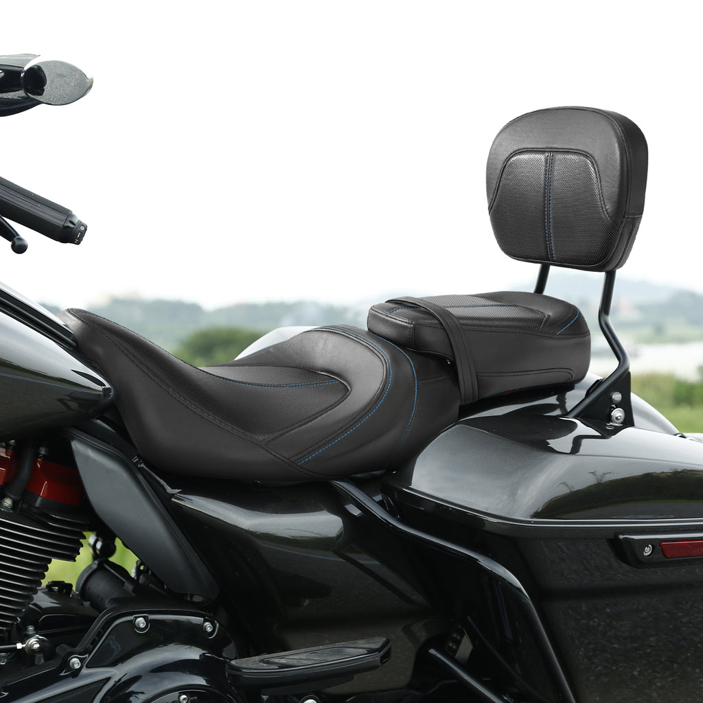C.C. RIDER Touring Seat Two Piece Low Profile Driver Passenger Seat With Backrest For Road Glide Street Glide Road King, Black Blue, 2009-2023
