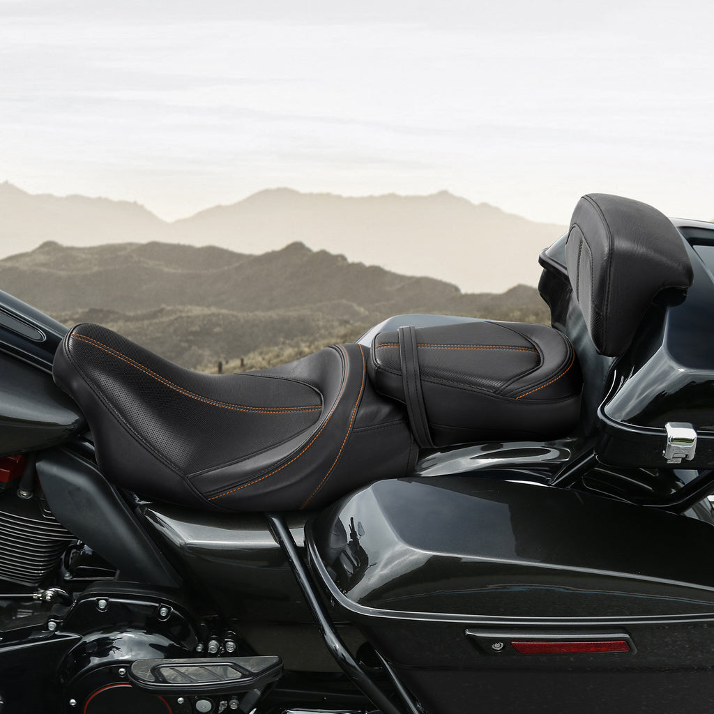C.C. RIDER Touring Seat Two Piece Low Profile Driver Passenger Seat With Backrest For Road Glide Street Glide Road King, Black Orange, 2009-2023